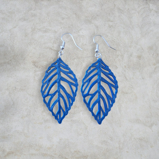 3D Holzohrringe Blattmotiv (Blau)